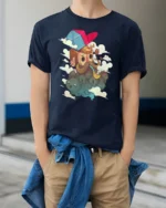 Hipster Bearded Man Smoking Pipe Floating Cats Graphic Tee - model wearing navy tee with hands in pockets