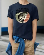 Retro Style Old School Bass Fishing Distressed Sunset Tshirt - model wearing navy tee with hands in pockets