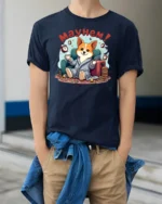 Corgi Dog Mayhem Morning Coffee Alarm Clock Graphic Tee - model wearing navy tee with hands in pockets