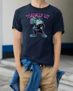 Urban Streetwear Frog Boombox Neon Typography Graphic Tee - model wearing navy tee with hands in pockets