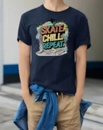 Vibrant Neon Skate Chill Repeat Pastel Gradient Tshirt - model wearing navy tee with hands in pockets