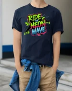 Ride The Neon Wave Skateboard Streetwear Graphic Tee - model wearing navy tee with hands in pockets