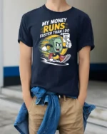 Funny Running Money Cash Forgot The Tip Retro Graphic Tee - model wearing navy tee with hands in pockets