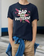 Pop Art Zap The Pattern Colorful Retro Explosion Graphic Tee - model wearing navy tee with hands in pockets