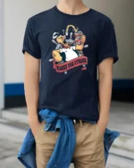 Sailors Legend Duff Ale Makes You Strong Retro Graphic Tee - model wearing navy tee with hands in pockets