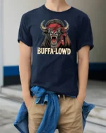 Furious Buffalo David Bowie Lightning Bolt Pirate Tshirt - model wearing navy tee with hands in pockets