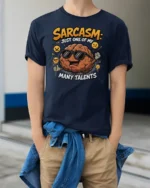Sarcasm Just One Of My Many Talents Funny Brain Tshirt - model wearing navy tee with hands in pockets