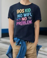 Nostalgic 90s Kid No Wifi No Problem Neon Cassette Tshirt - model wearing navy tee with hands in pockets