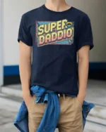 Retro Pixel Super Daddio Mustache Gamer Graphic Tshirt - model wearing navy tee with hands in pockets