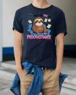 Humorous Lazy Sloth Procrastinate Couch Custom Graphic Tee - model wearing navy tee with hands in pockets
