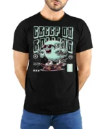 Funny Creep On Rolling Ghost Skateboard Graphic Tshirt - model wearing black tee with hands behind back