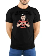 Professional Master Baiter Fishing Retro Comic Custom Tshirt - model wearing black tee with hands behind back