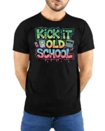 Vibrant Retro Kick It Old School Graffiti Graphic Tshirt - model wearing black tee with hands behind back