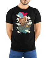 Hipster Bearded Man Smoking Pipe Floating Cats Graphic Tee - model wearing black tee with hands behind back