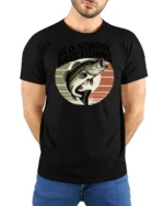 Retro Style Old School Bass Fishing Distressed Sunset Tshirt - model wearing black tee with hands behind back