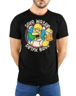 Save Water Drink Beer Character Earth Graphic Tshirt - model wearing black tee with hands behind back