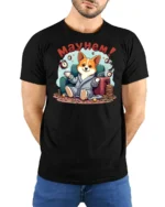Corgi Dog Mayhem Morning Coffee Alarm Clock Graphic Tee - model wearing black tee with hands behind back