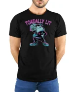 Urban Streetwear Frog Boombox Neon Typography Graphic Tee - model wearing black tee with hands behind back