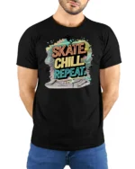 Vibrant Neon Skate Chill Repeat Pastel Gradient Tshirt - model wearing black tee with hands behind back
