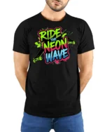 Ride The Neon Wave Skateboard Streetwear Graphic Tee - model wearing black tee with hands behind back