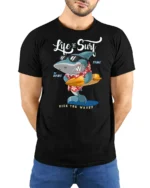 Cool Surfing Shark Hawaiian Shirt Sunglasses Graphic Tee - model wearing black tee with hands behind back