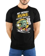 Funny Running Money Cash Forgot The Tip Retro Graphic Tee - model wearing black tee with hands behind back