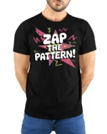 Pop Art Zap The Pattern Colorful Retro Explosion Graphic Tee - model wearing black tee with hands behind back