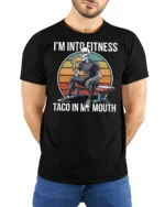 Funny Fitness Skeleton Taco In My Mouth Sunset Graphic Tee - model wearing black tee with hands behind back
