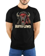 Furious Buffalo David Bowie Lightning Bolt Pirate Tshirt - model wearing black tee with hands behind back