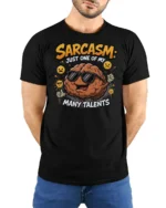 Sarcasm Just One Of My Many Talents Funny Brain Tshirt - model wearing black tee with hands behind back