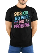 Nostalgic 90s Kid No Wifi No Problem Neon Cassette Tshirt - model wearing black tee with hands behind back