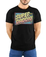 Retro Pixel Super Daddio Mustache Gamer Graphic Tshirt - model wearing black tee with hands behind back