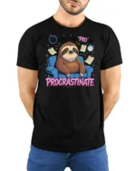Humorous Lazy Sloth Procrastinate Couch Custom Graphic Tee - model wearing black tee with hands behind back