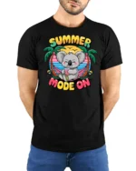 Happy Summer Mode On Koala Hammock Tropical Graphic Tee - model wearing black tee with hands behind back