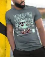 Funny Creep On Rolling Ghost Skateboard Graphic Tshirt - model wearing grey tee, leaning on column