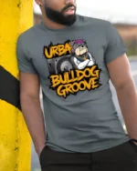 Urban Bulldog Groove Subwoofer Stereo Hip Hop Graphic Tee - model wearing grey tee, leaning on column