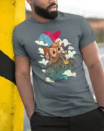 Hipster Bearded Man Smoking Pipe Floating Cats Graphic Tee - model wearing grey tee, leaning on column