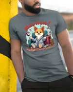 Corgi Dog Mayhem Morning Coffee Alarm Clock Graphic Tee - model wearing grey tee, leaning on column