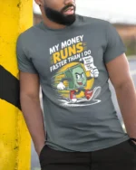 Funny Running Money Cash Forgot The Tip Retro Graphic Tee - model wearing grey tee, leaning on column