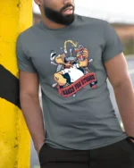 Sailors Legend Duff Ale Makes You Strong Retro Graphic Tee - model wearing grey tee, leaning on column
