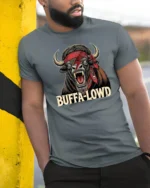 Furious Buffalo David Bowie Lightning Bolt Pirate Tshirt - model wearing grey tee, leaning on column