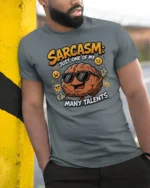 Sarcasm Just One Of My Many Talents Funny Brain Tshirt - model wearing grey tee, leaning on column