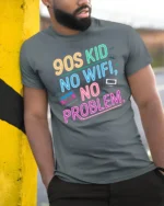 Nostalgic 90s Kid No Wifi No Problem Neon Cassette Tshirt - model wearing grey tee, leaning on column