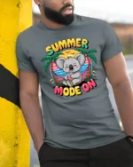 Happy Summer Mode On Koala Hammock Tropical Graphic Tee - model wearing grey tee, leaning on column