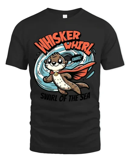Superpowered Caped Otter Whisker Whirl Oceanic Graphic Tee - black t-shirt on white background
