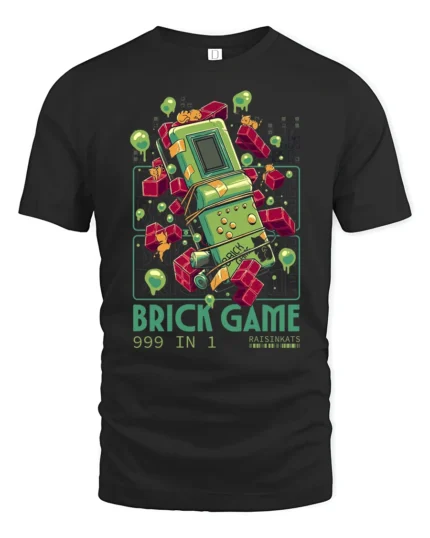 Retro 999 In 1 Brick Game Handheld Nostalgia Graphic Tshirt - black t-shirt on white background