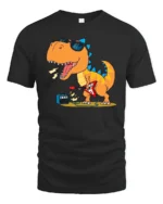Rockstar Dinosaur Playing Electric Guitar Retro Music Tshirt - black t-shirt on white background