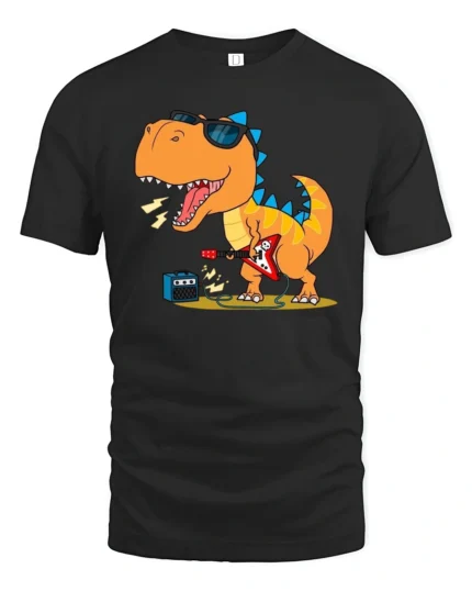 Rockstar Dinosaur Playing Electric Guitar Retro Music Tshirt - black t-shirt on white background