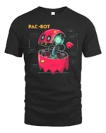 Cybernetic Pac Bot Arcade Ghost Retro Gaming Graphic Tshirt - black t-shirt on white background