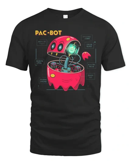 Cybernetic Pac Bot Arcade Ghost Retro Gaming Graphic Tshirt - black t-shirt on white background